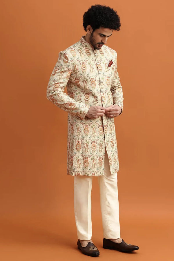 Beige Paisley Print Sherwani with Resham Embroidery