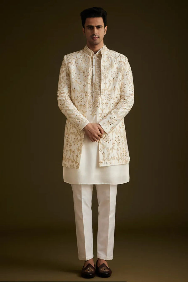Cream Classic Embroidered Sherwani Set