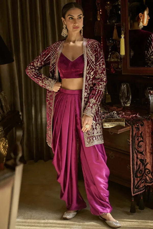 Magenta Velvet Embroidered Jacket Suit