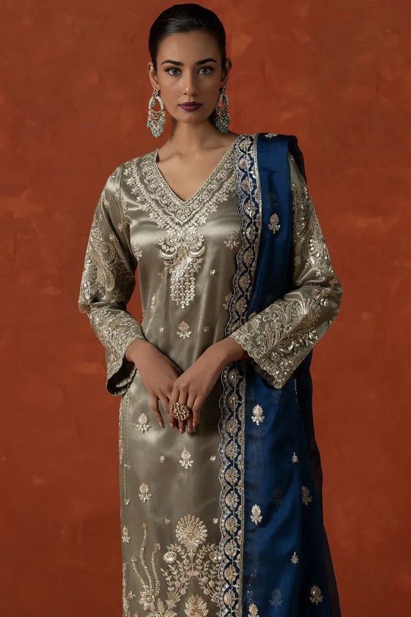 Sage Green Embroidered Satin Pant Suit