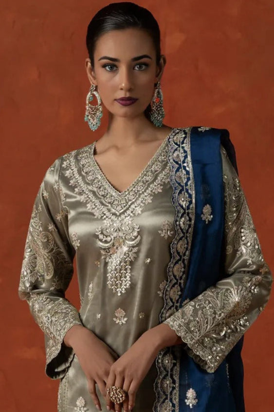 Sage Green Embroidered Satin Pant Suit