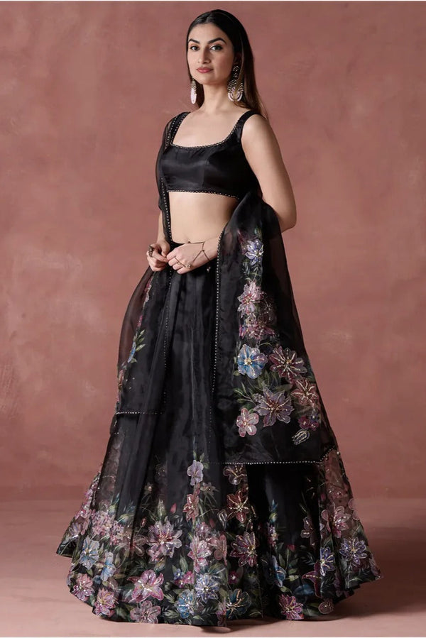 Black Multicolor Floral Printed Lehenga