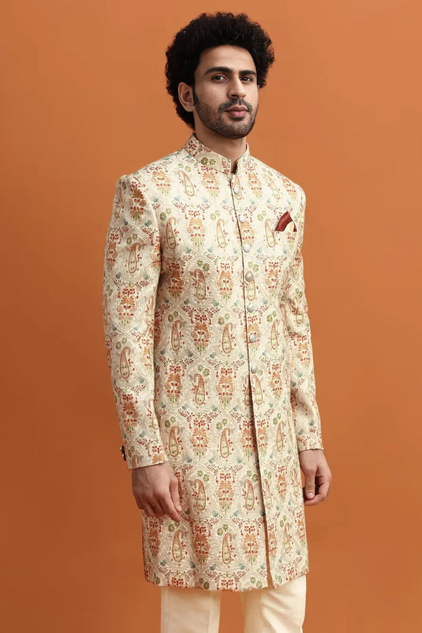 Beige Paisley Print Sherwani with Resham Embroidery