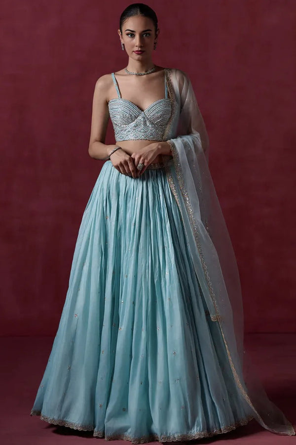 Light Dusty Blue Embroidered Organza Lehenga