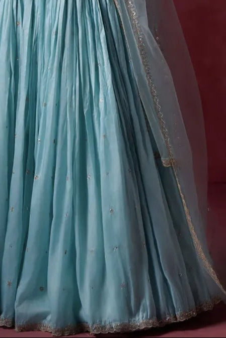 Light Dusty Blue Embroidered Organza Lehenga