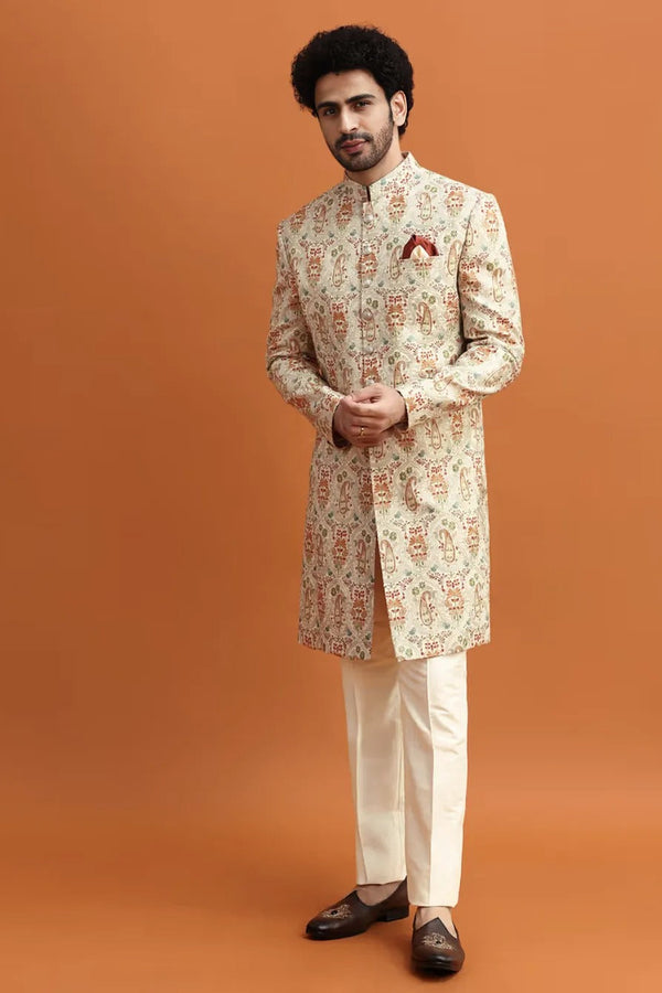 Beige Paisley Print Sherwani with Resham Embroidery