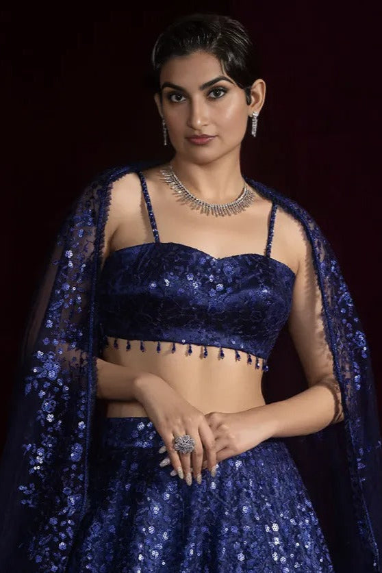 Midnight Navy Embroidered Net Lehenga