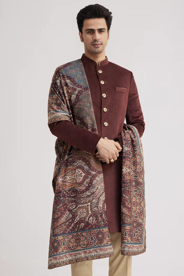 Wine Velvet Nawabi Set with Pashmina Dupatta