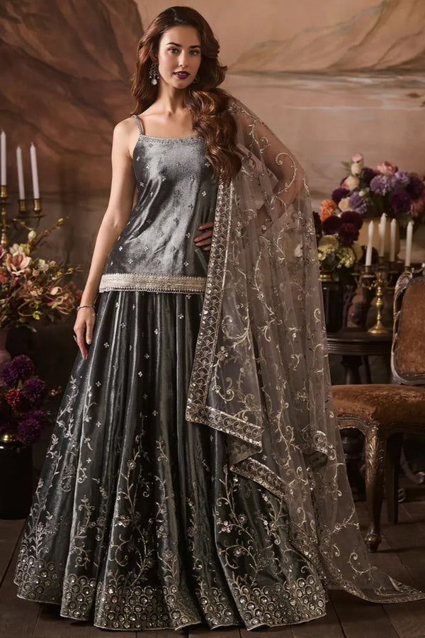 Grey Embroidered Velvet Kurti Lehenga