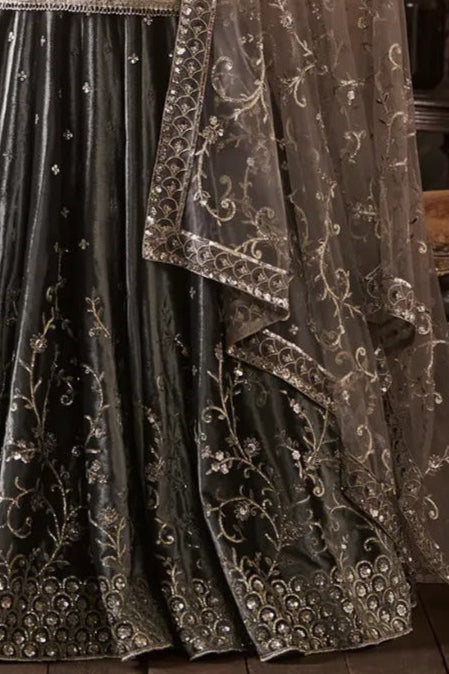 Grey Embroidered Velvet Kurti Lehenga