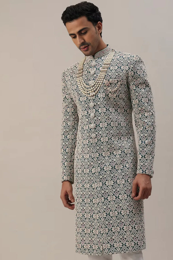 Teal Green Embroidered Sherwani with Layered Mala