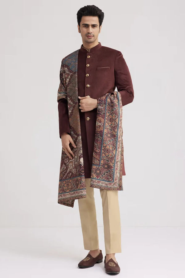 Wine Velvet Nawabi Set with Pashmina Dupatta