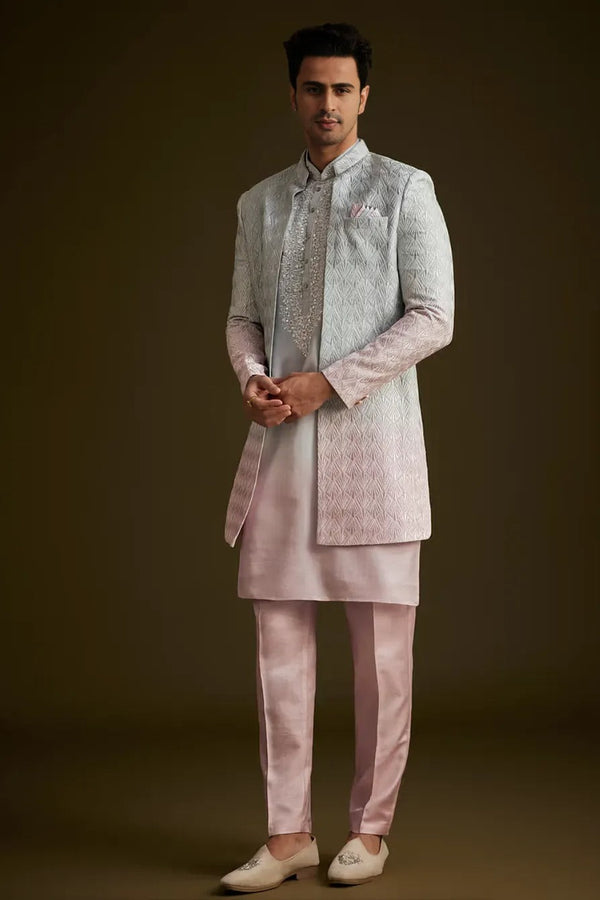Pink and Grey Ombre Textured Sherwani Set