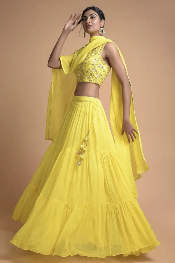 Lemon Yellow Tiered Lehenga with Embroidered Sleeveless Choli