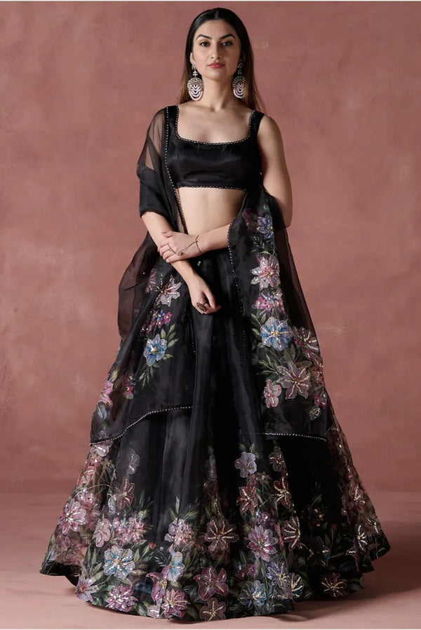 Black Multicolor Floral Printed Lehenga