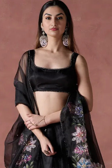 Black Multicolor Floral Printed Lehenga