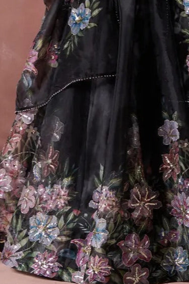 Black Multicolor Floral Printed Lehenga