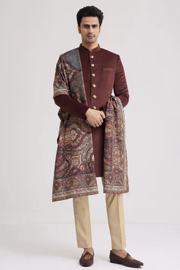 Wine Velvet Nawabi Set with Pashmina Dupatta
