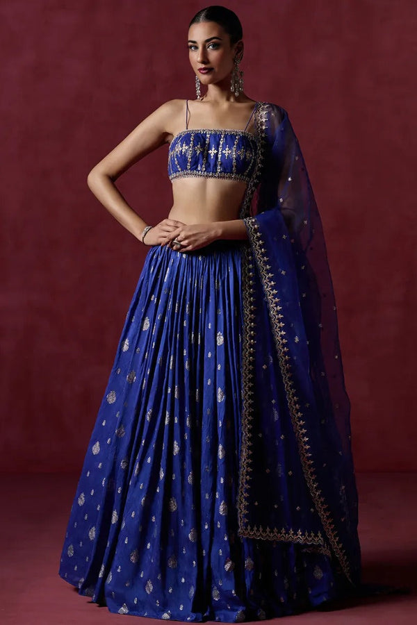 Royal Blue Embroidered Brocade Lehenga