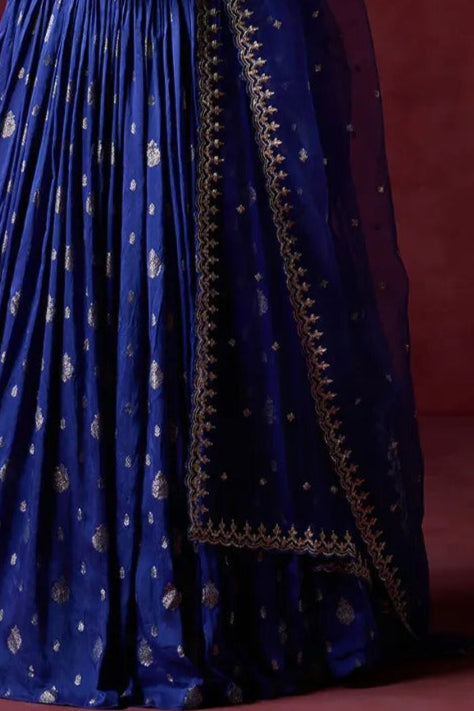 Royal Blue Embroidered Brocade Lehenga