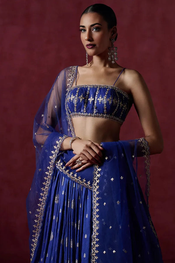 Royal Blue Embroidered Brocade Lehenga