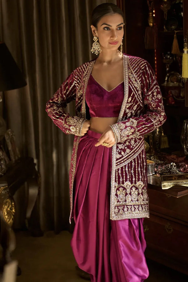 Magenta Velvet Embroidered Jacket Suit