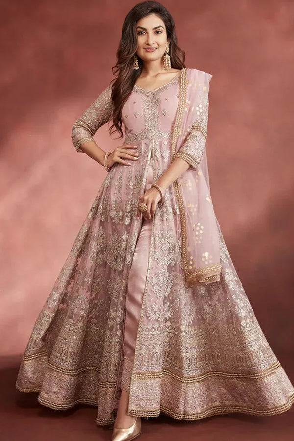 Rose Pink Embroidered Pant Style Anarkali - myethnicrentals