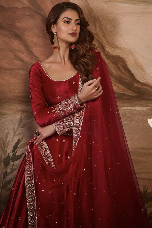 Rani Red Embroidered Velvet Lehenga