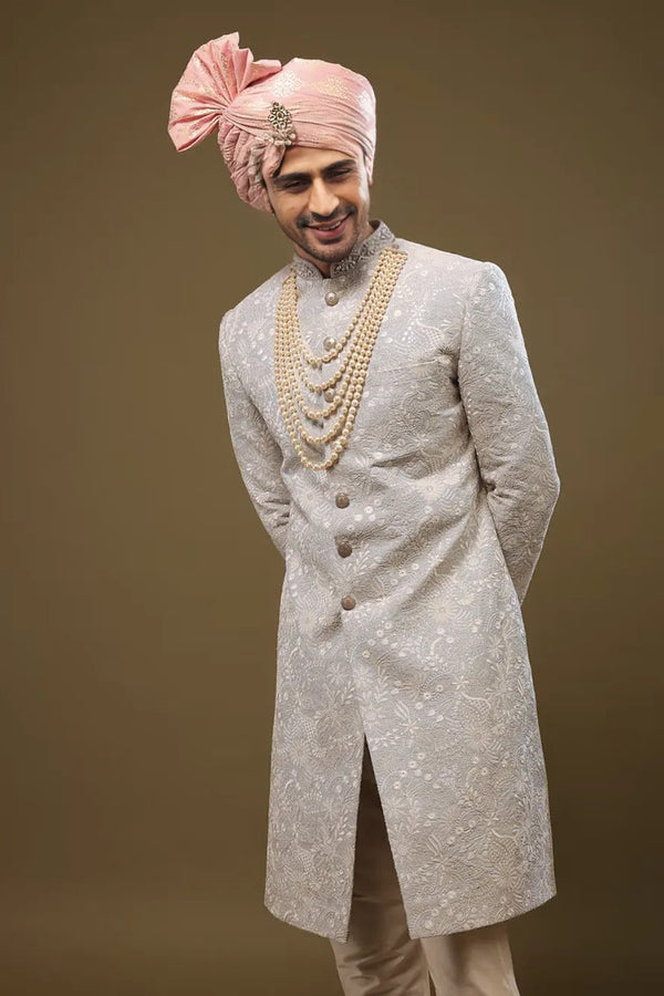 Baby Blue Silk Sherwani with Zari and Sequin Embroidery (Outside Ontario)