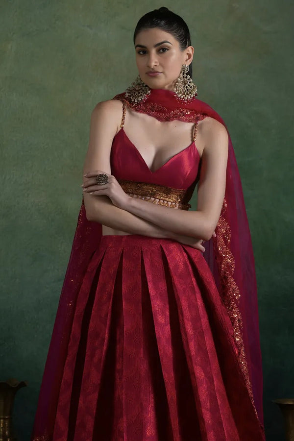 Fuchsia Red Brocade Embroidered Lehenga