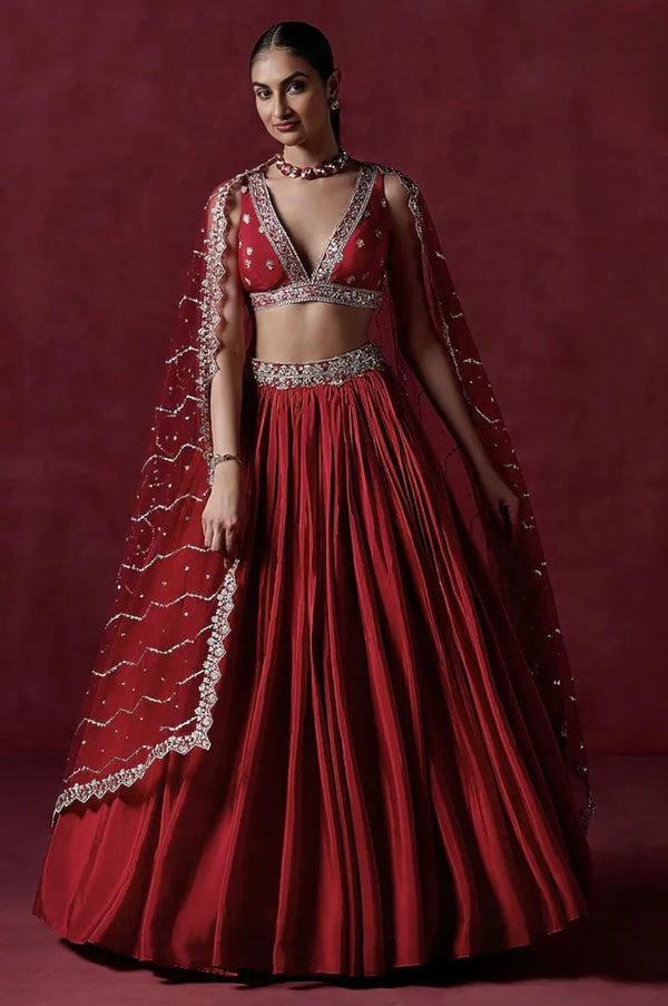 Red Crepe Silk Sequins Embroidered Lehenga