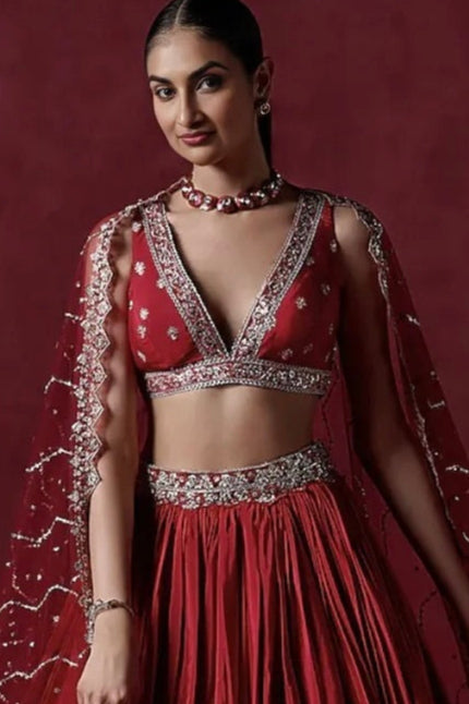 Red Crepe Silk Sequins Embroidered Lehenga