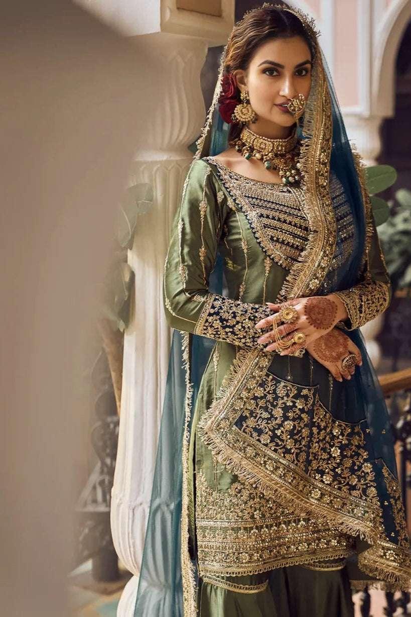 Olive Green Embroidered Gharara Suit (Outside Ontario) - myethnicrentals