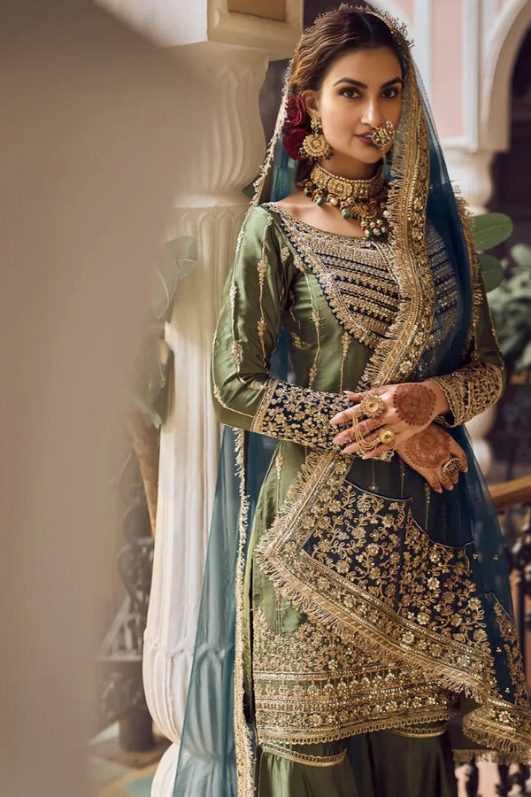 Olive Green Embroidered Gharara Suit (Outside Ontario)