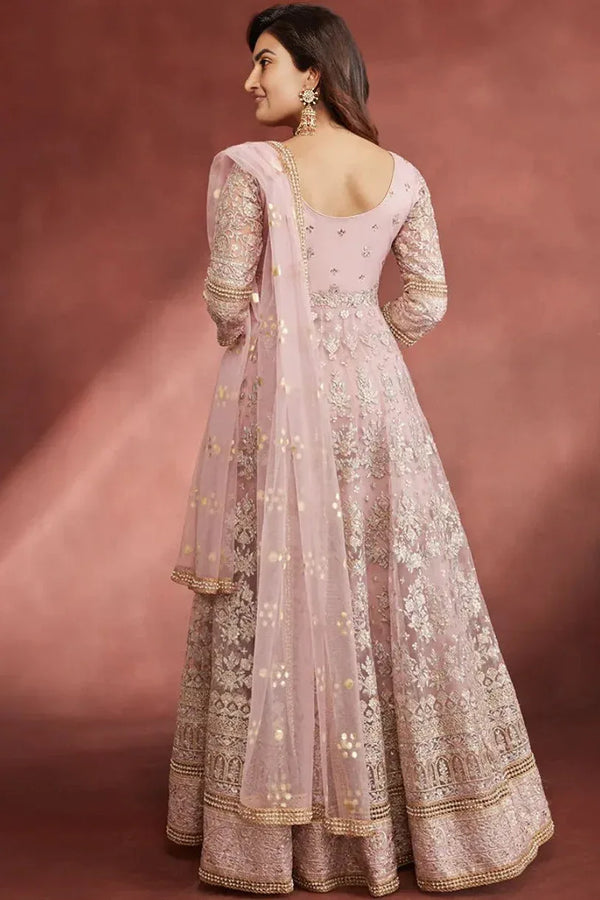 Rose Pink Embroidered Pant Style Anarkali - myethnicrentals