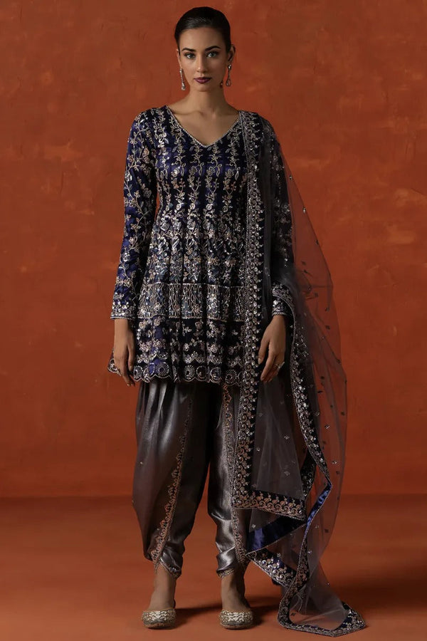 Navy Blue & Slate Grey Embroidered Punjabi Suit