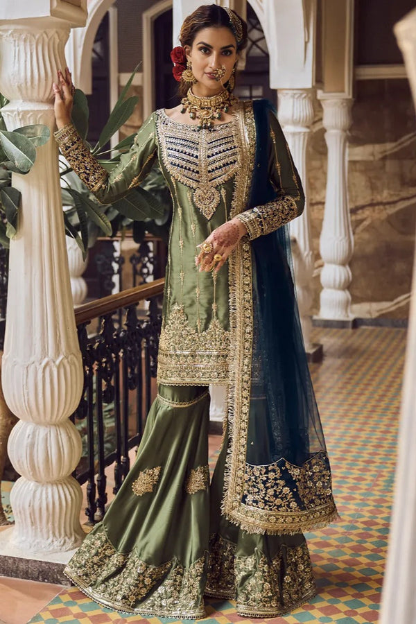 Olive Green Embroidered Gharara Suit (Outside Ontario)