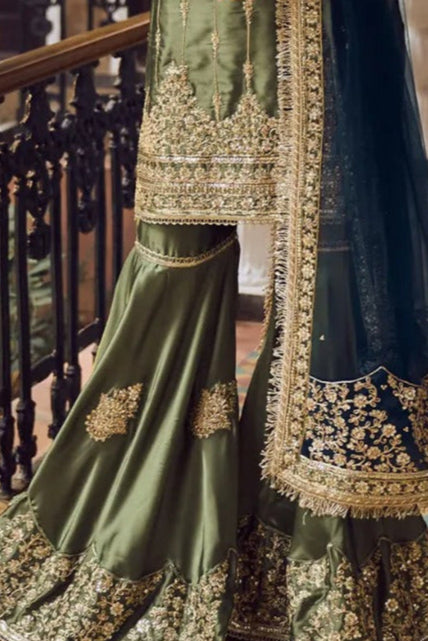 Olive Green Embroidered Gharara Suit (Outside Ontario)