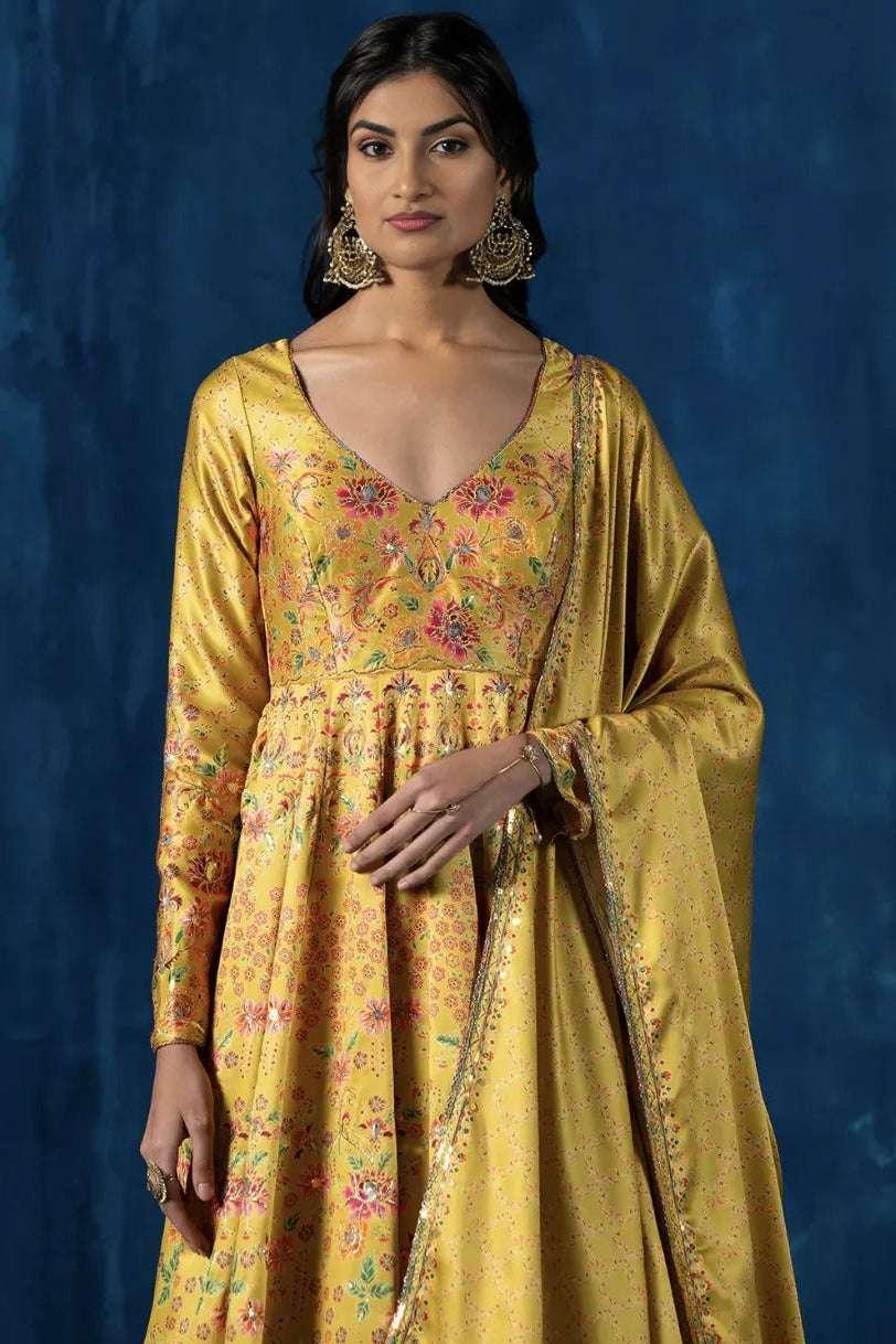 Sunlit Yellow Embroidered Crepe Silk Anarkali (Outside Ontario) - myethnicrentals