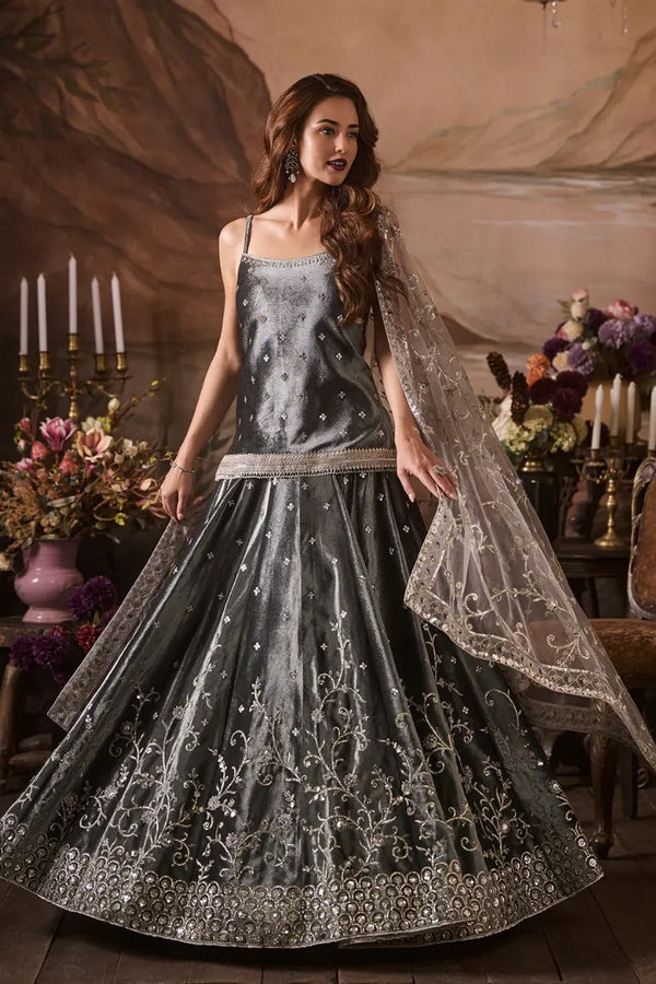 Grey Embroidered Velvet Kurti Lehenga