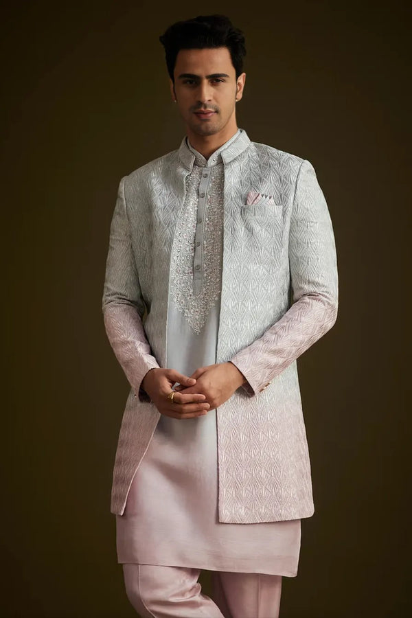 Pink and Grey Ombre Textured Sherwani Set