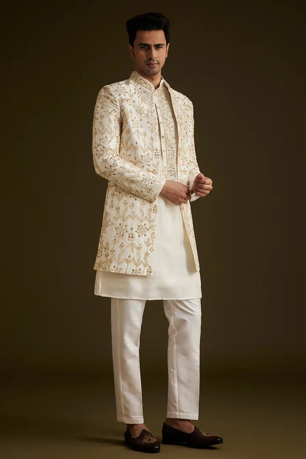 Cream Classic Embroidered Sherwani Set