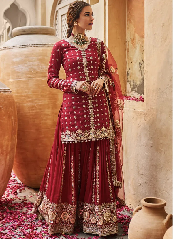 Maroon Gold Embroidered Sharara Set
