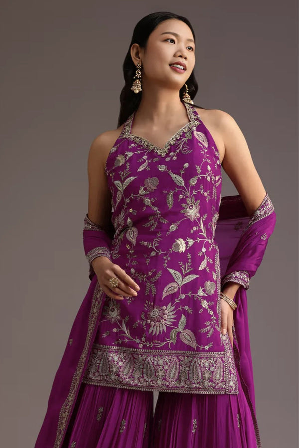 Purple Resham Embroidered Salwar Kameez
