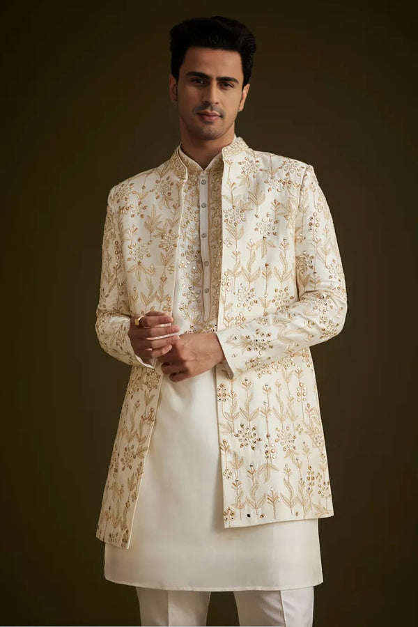 Cream Classic Embroidered Sherwani Set