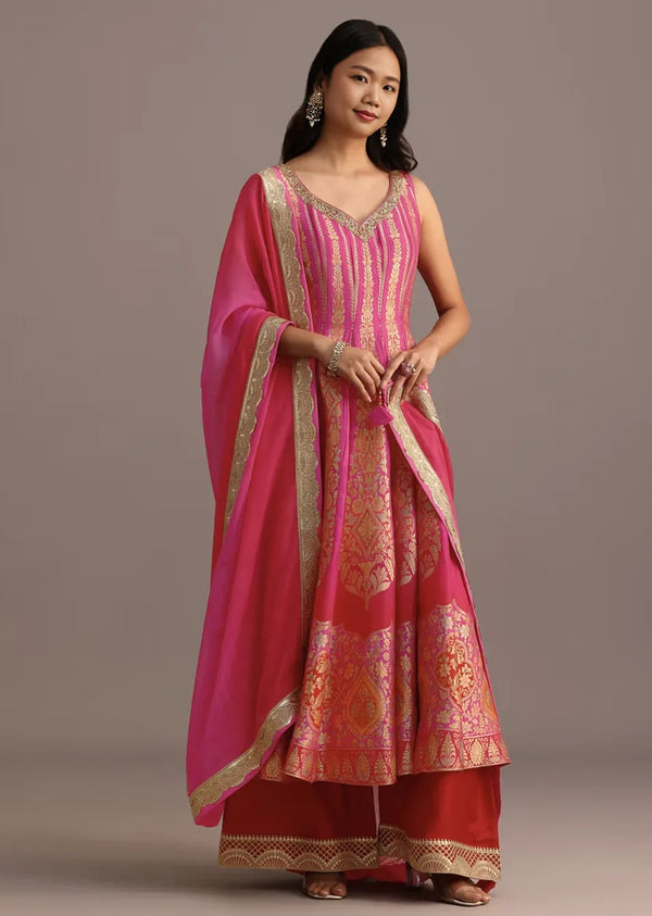 Pink Embroidered Salwar Kameez with Organza Dupatta
