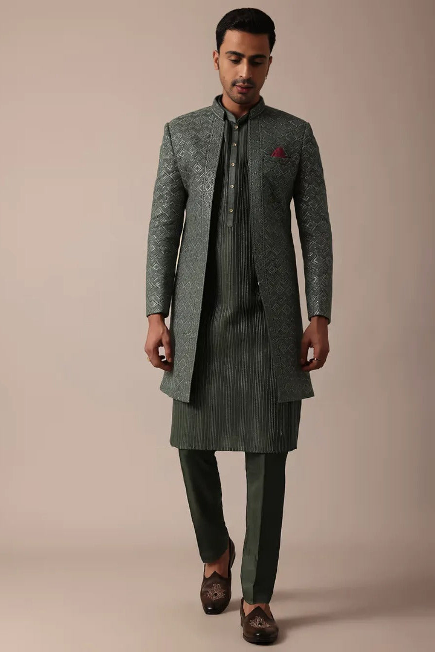 Majestic Green Silk Sherwani Set