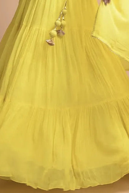 Lemon Yellow Tiered Lehenga with Embroidered Sleeveless Choli