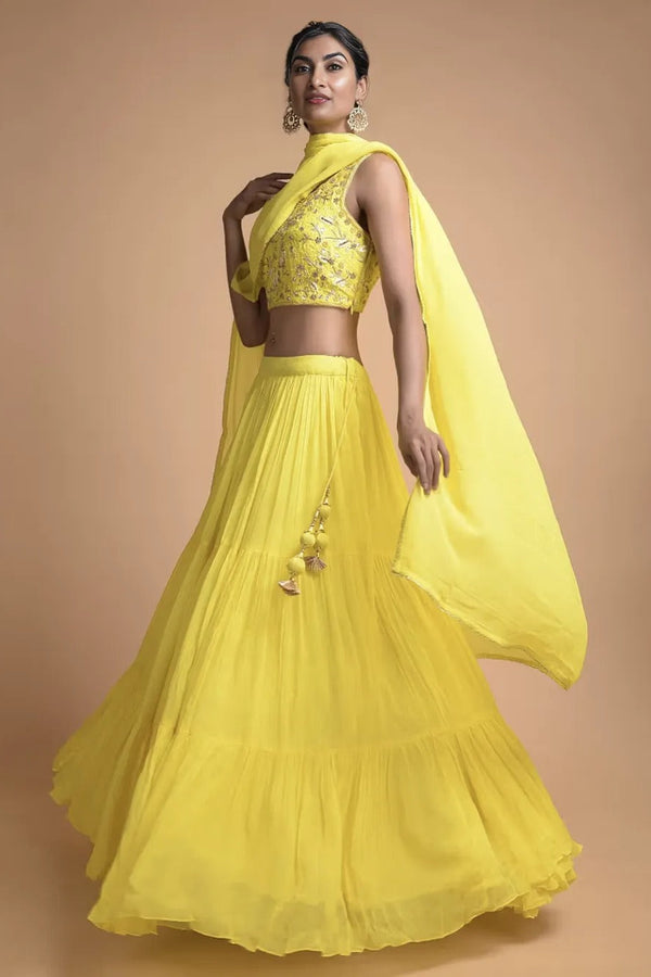 Lemon Yellow Tiered Lehenga with Embroidered Sleeveless Choli