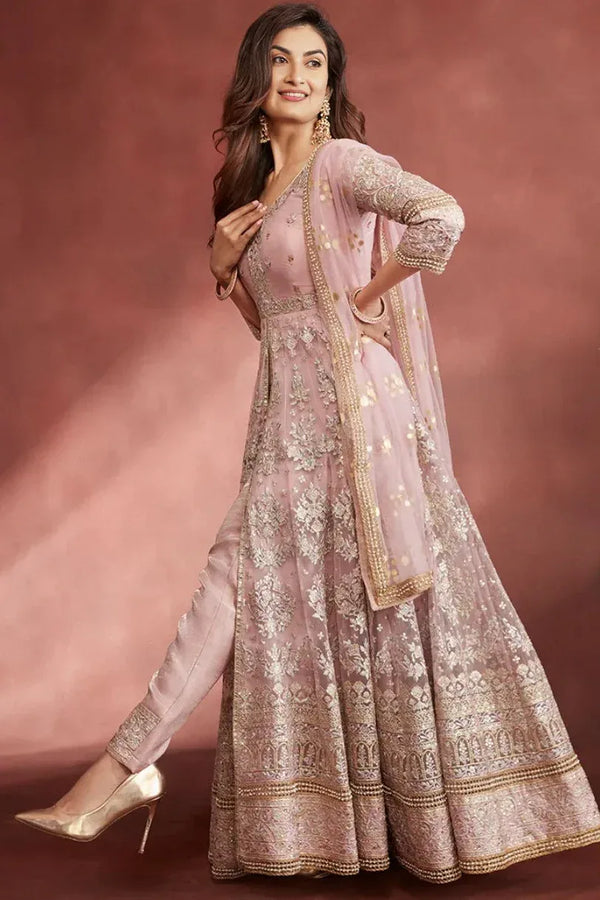 Rose Pink Embroidered Pant Style Anarkali - myethnicrentals